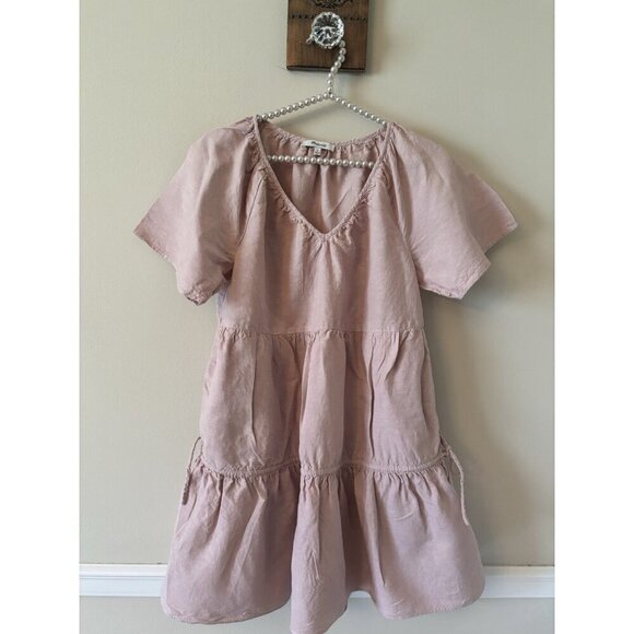 Madewell Womens Size M Linen Blend Lorelei Minidress V-Neck Tiered Dusty Rose - Picture 1 of 4